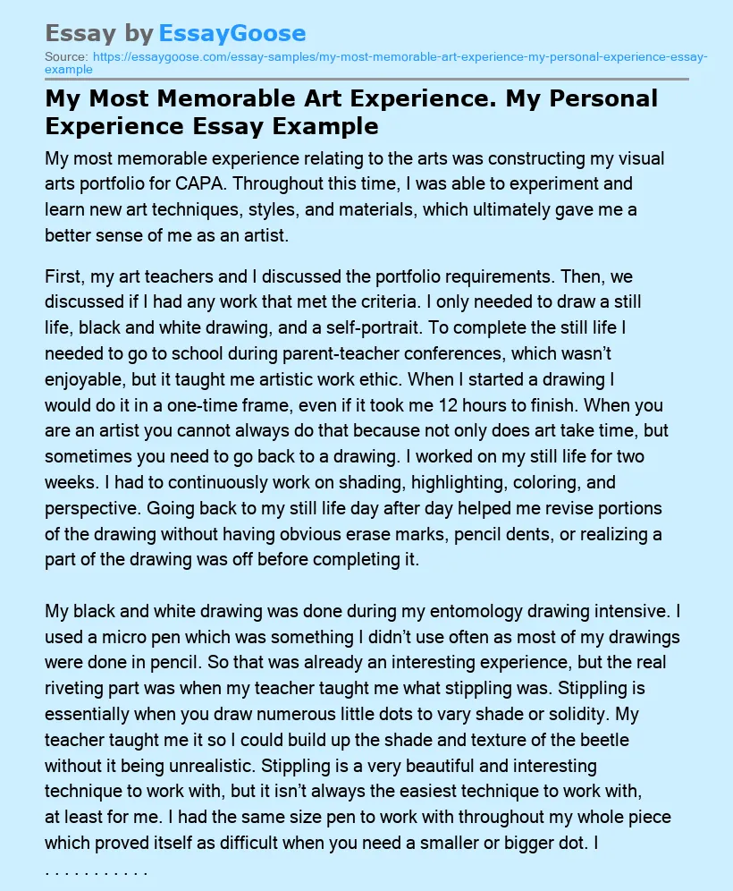 My Most Memorable Art Experience. My Personal Experience Essay Example