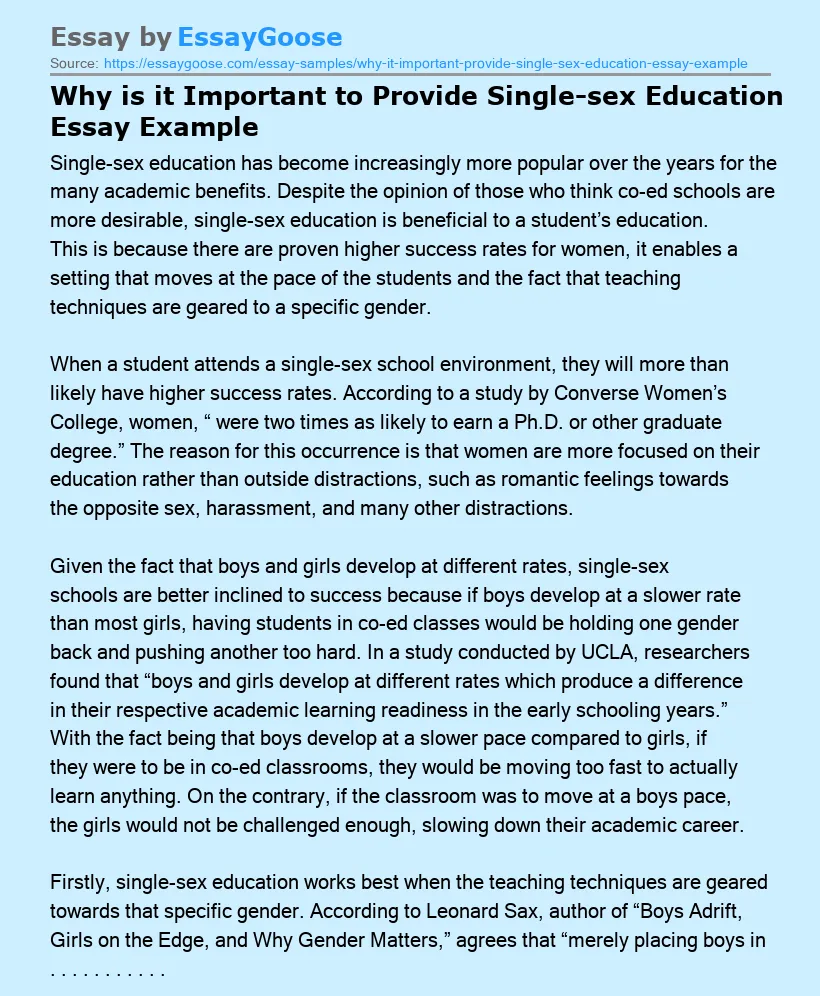 Why is it Important to Provide Single-sex Education Essay Example