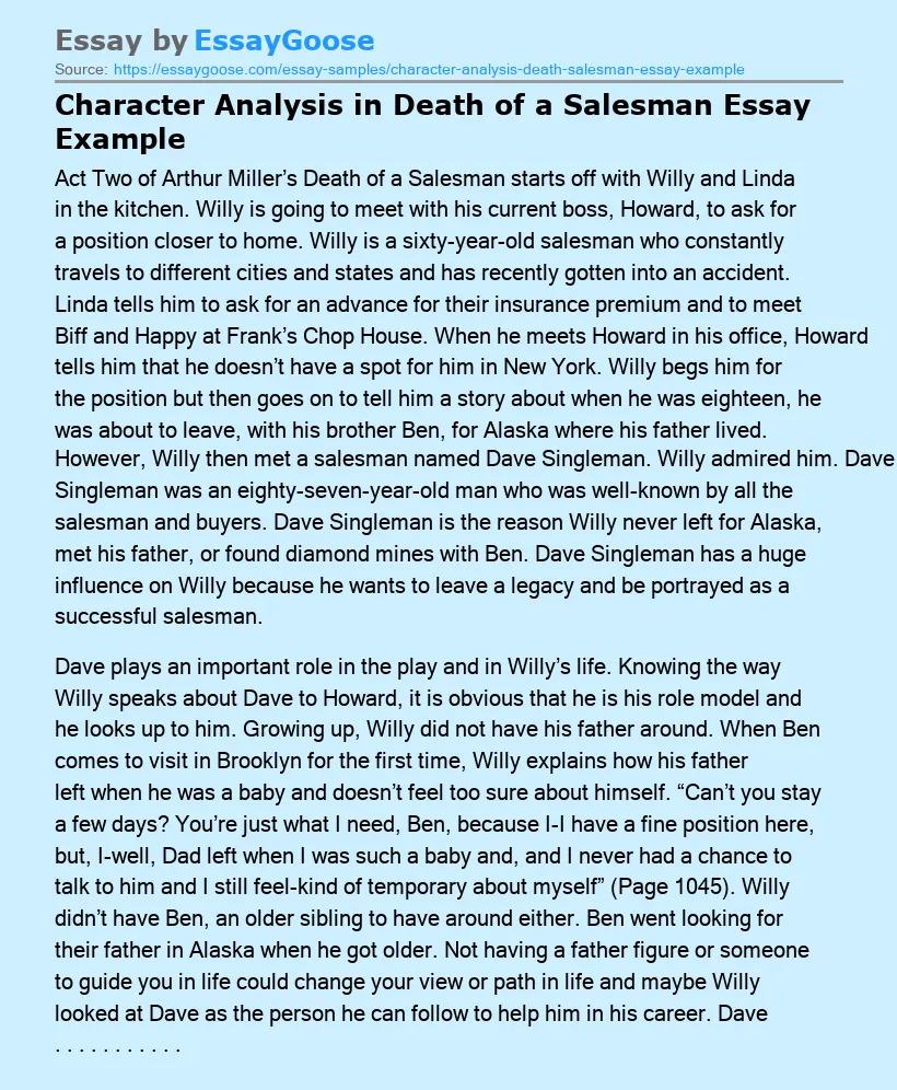 Character Analysis in Death of a Salesman Essay Example