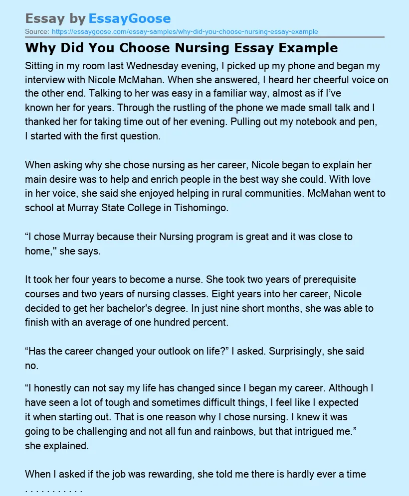 Why Did You Choose Nursing Essay Example