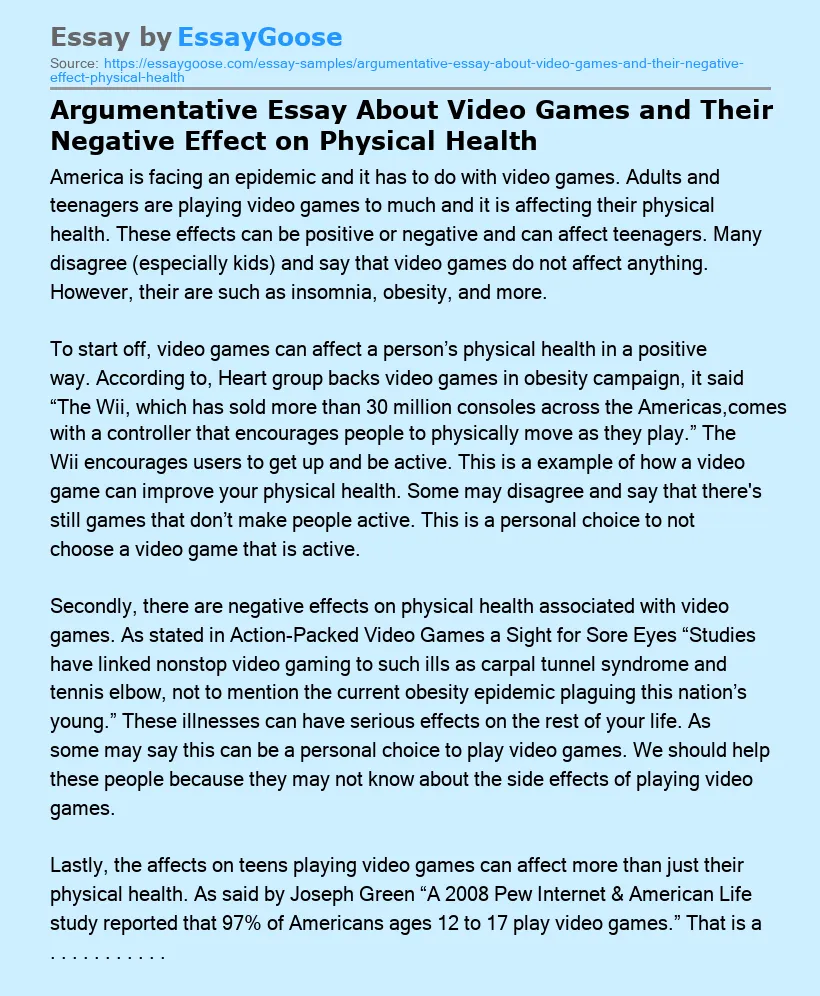 Argumentative Essay About Video Games and Their Negative Effect on Physical Health