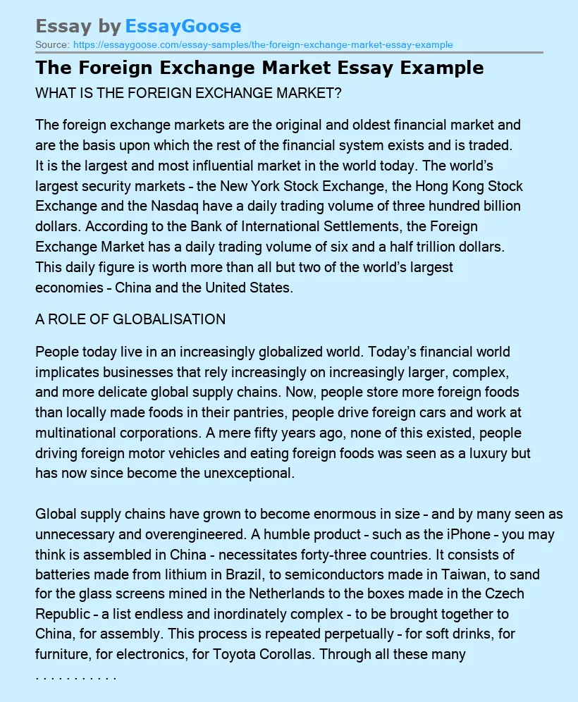 The Foreign Exchange Market Essay Example