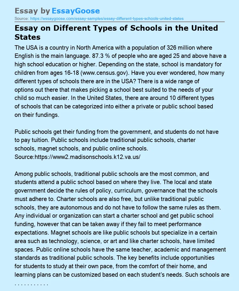 Essay on Different Types of Schools in the United States
