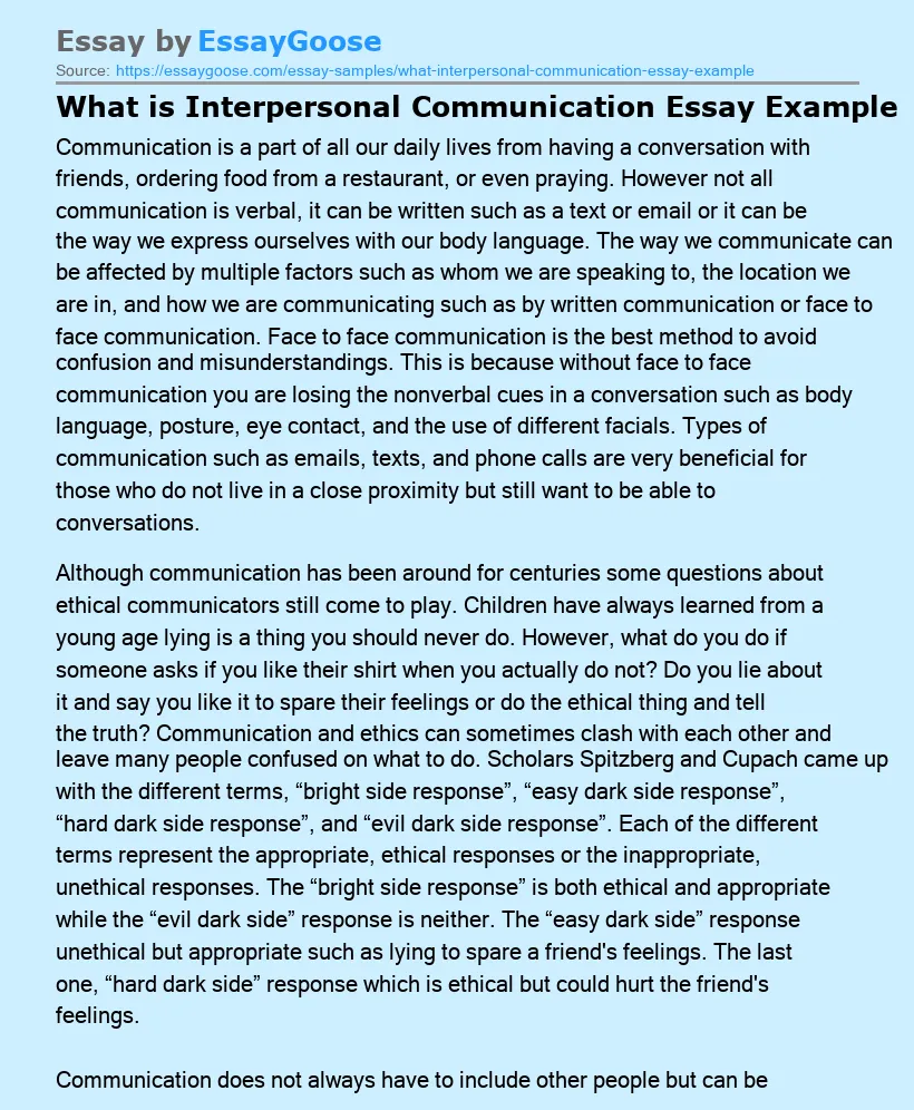 What is Interpersonal Communication Essay Example