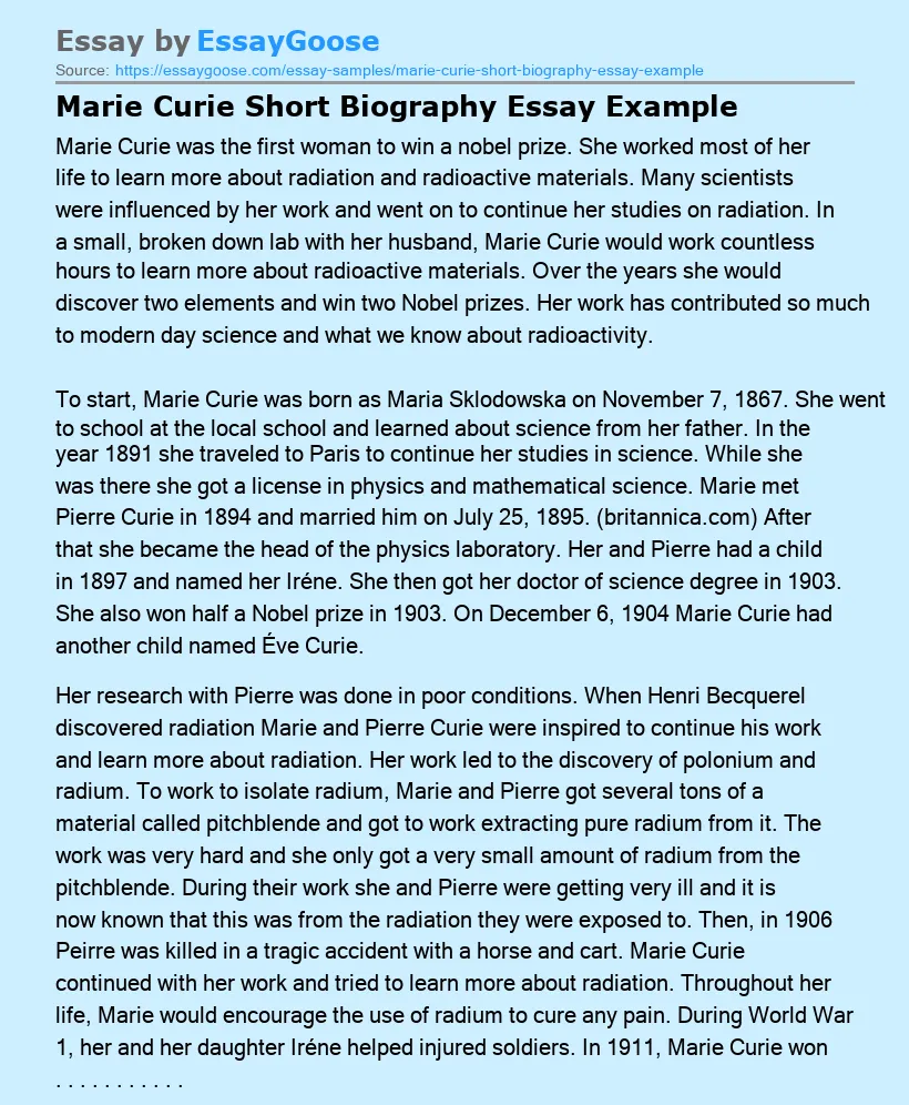 Marie Curie Short Biography Essay Example