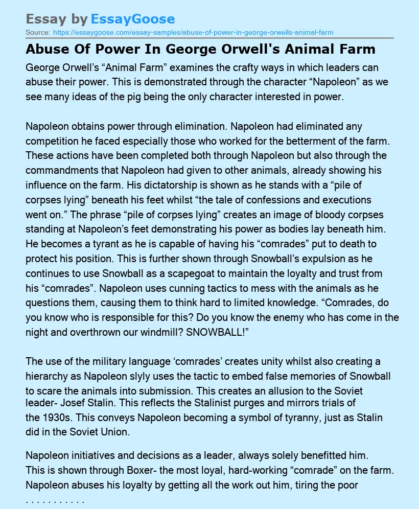 Abuse Of Power In George Orwell's Animal Farm
