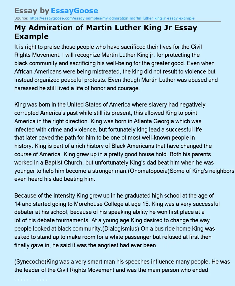 My Admiration of Martin Luther King Jr Essay Example