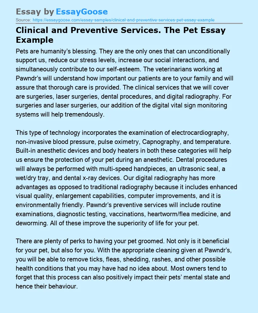 Clinical and Preventive Services. The Pet Essay Example