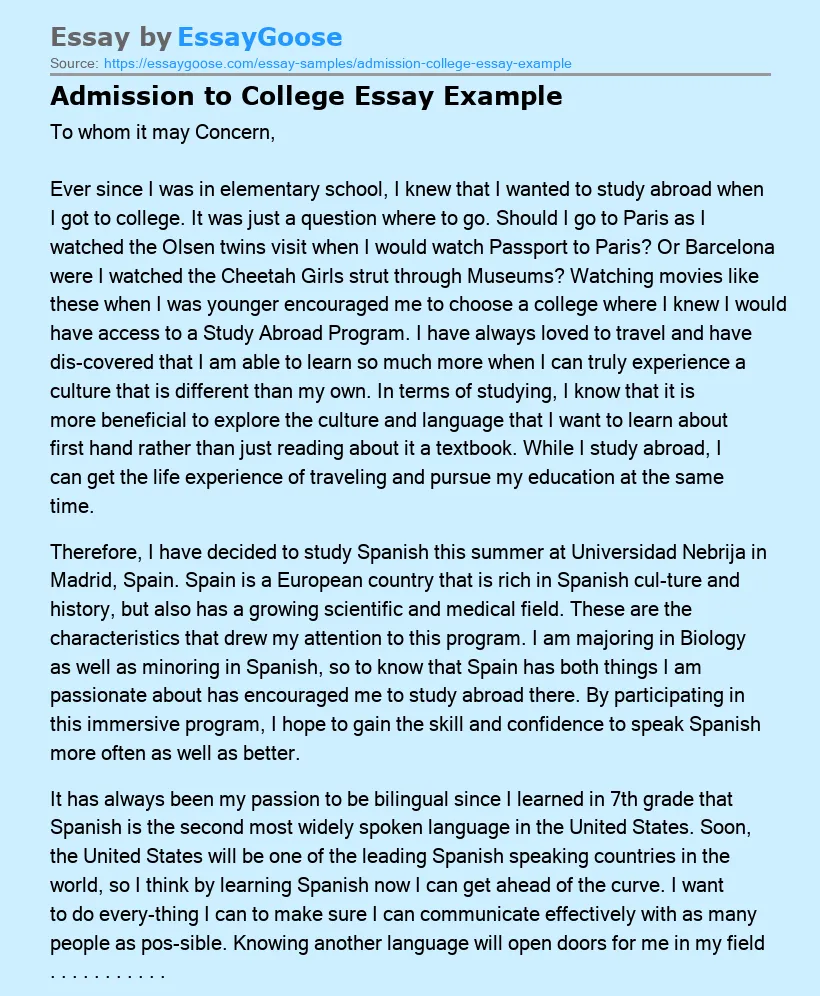 Admission to College Essay Example