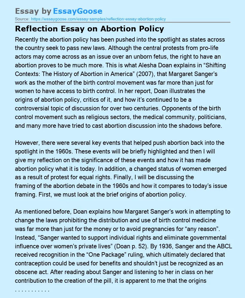 Reflection Essay on Abortion Policy