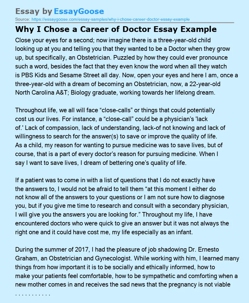 Why I Chose a Career of Doctor Essay Example