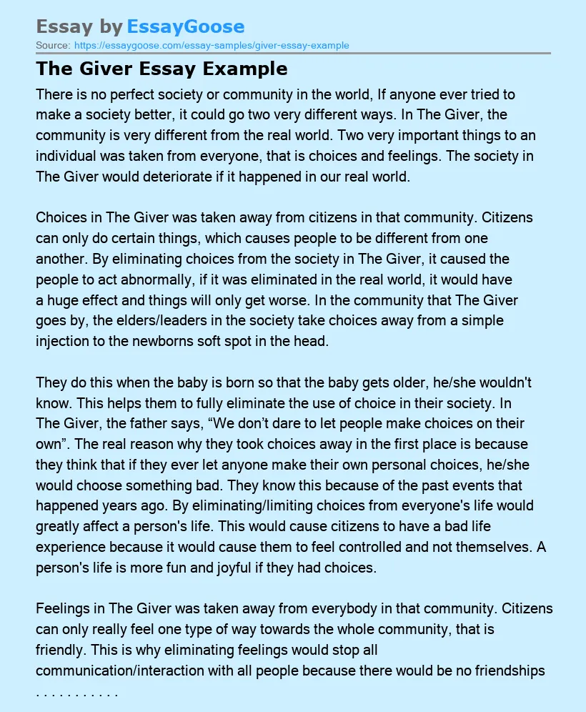 The Giver Essay Example