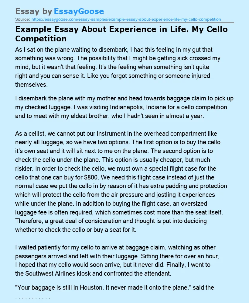 Example Essay About Experience in Life. My Cello Competition