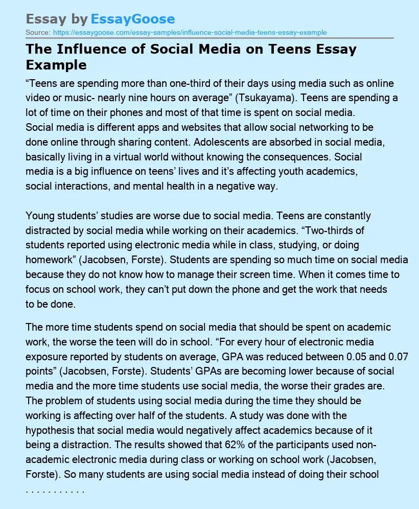 The Influence of Social Media on Teens Essay Example