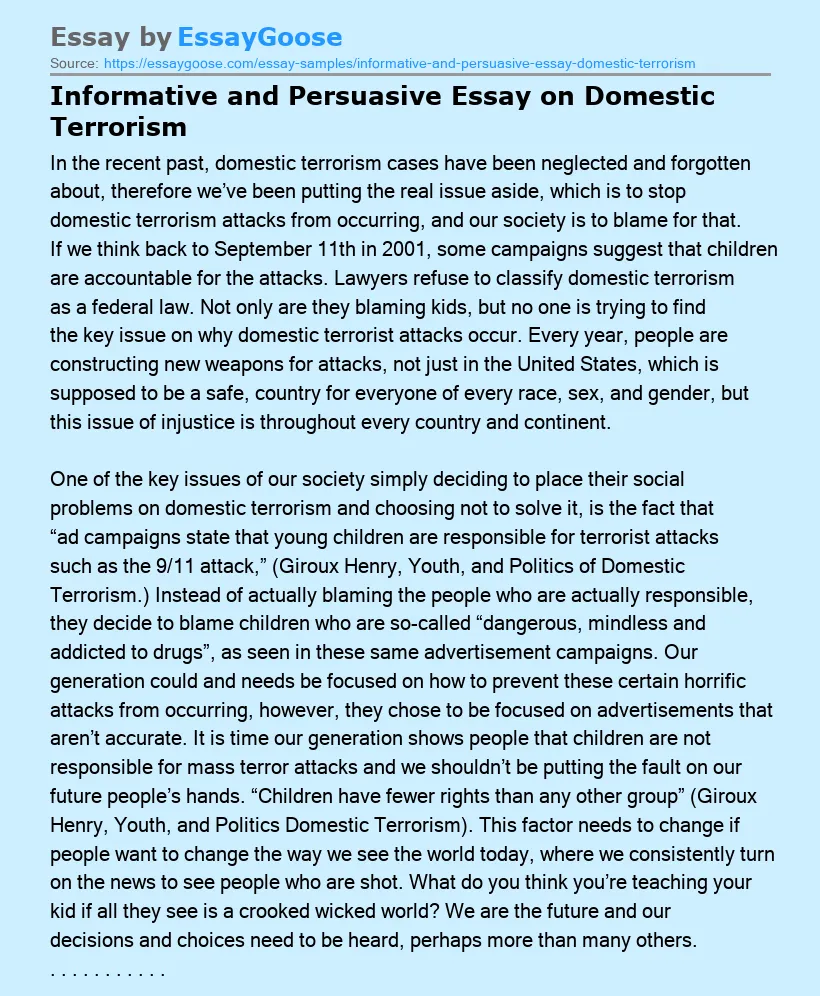 Informative and Persuasive Essay on Domestic Terrorism