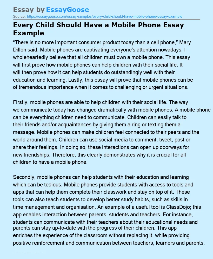 Every Child Should Have a Mobile Phone Essay Example