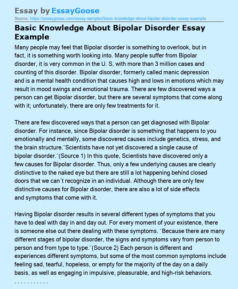 Basic Knowledge About Bipolar Disorder Essay Example