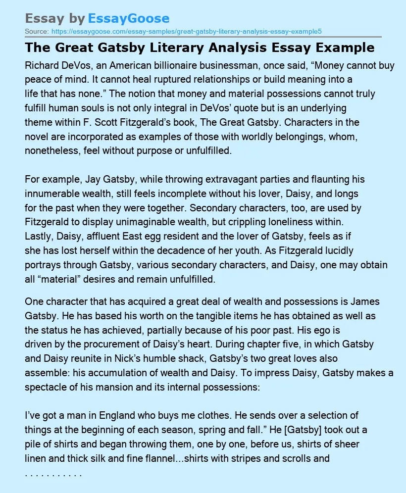 The Great Gatsby Literary Analysis Essay Example