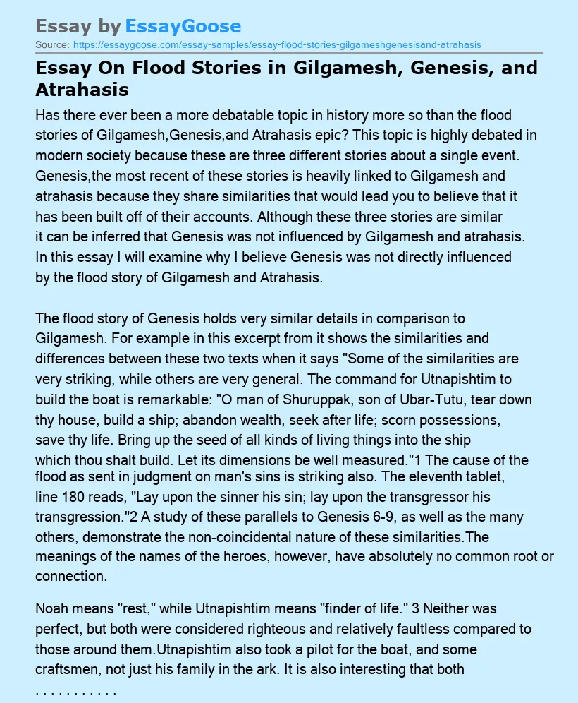 Essay On Flood Stories in Gilgamesh, Genesis, and Atrahasis