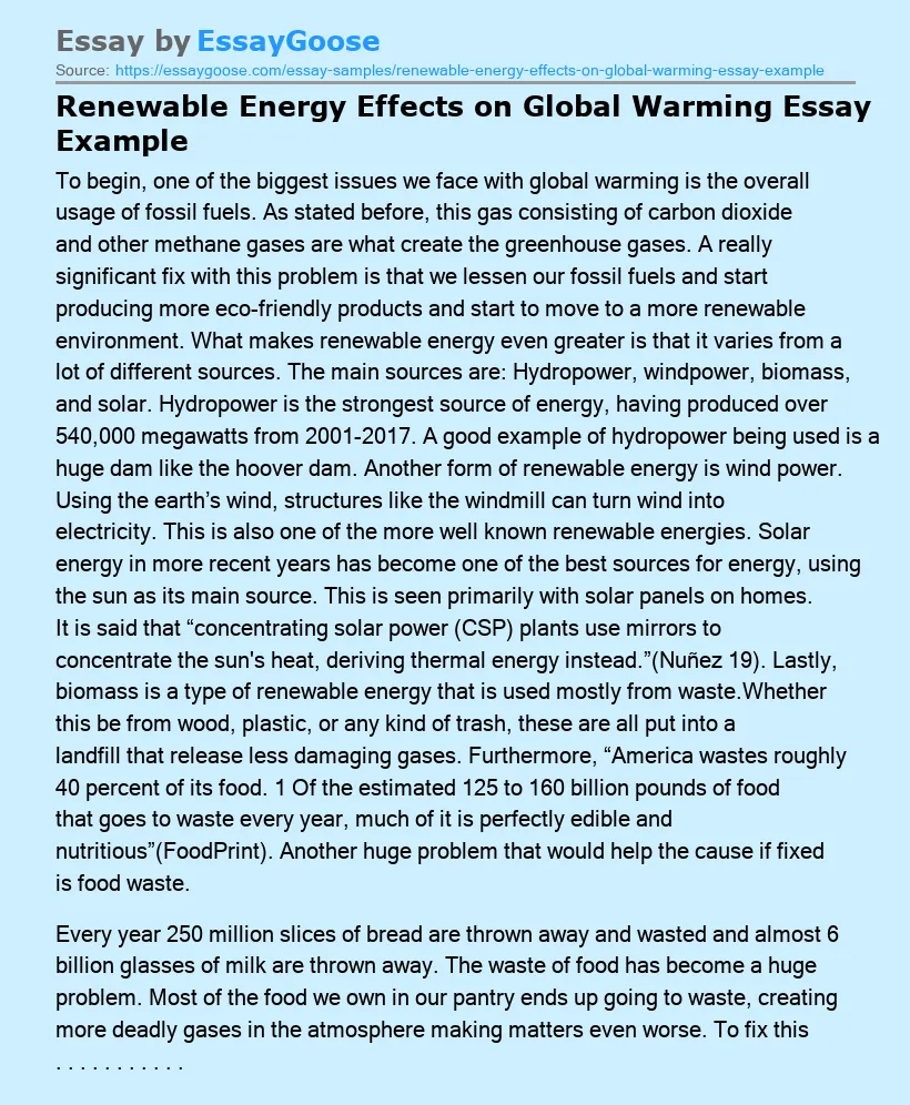 Renewable Energy Effects on Global Warming Essay Example