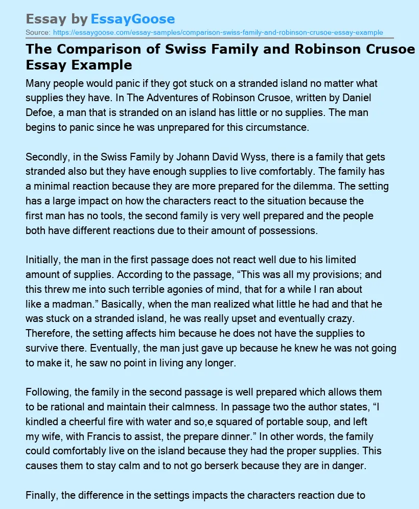 The Comparison of Swiss Family and Robinson Crusoe Essay Example