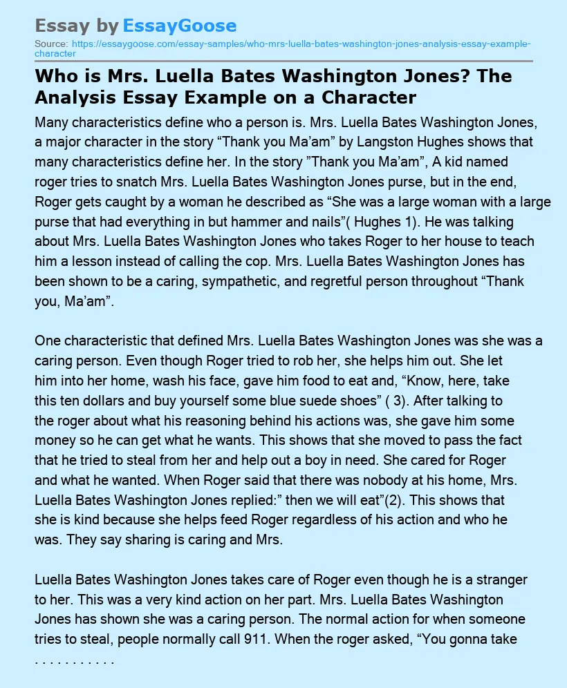Who is Mrs. Luella Bates Washington Jones? The Analysis Essay Example on a Character