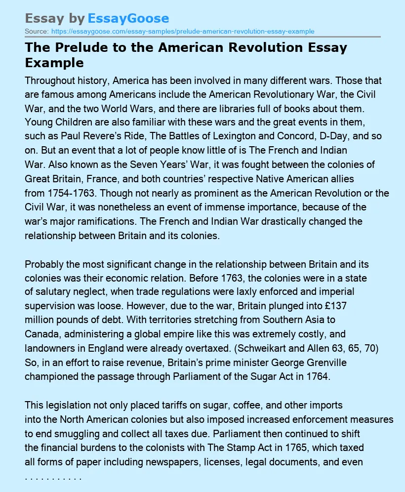 The Prelude to the American Revolution Essay Example
