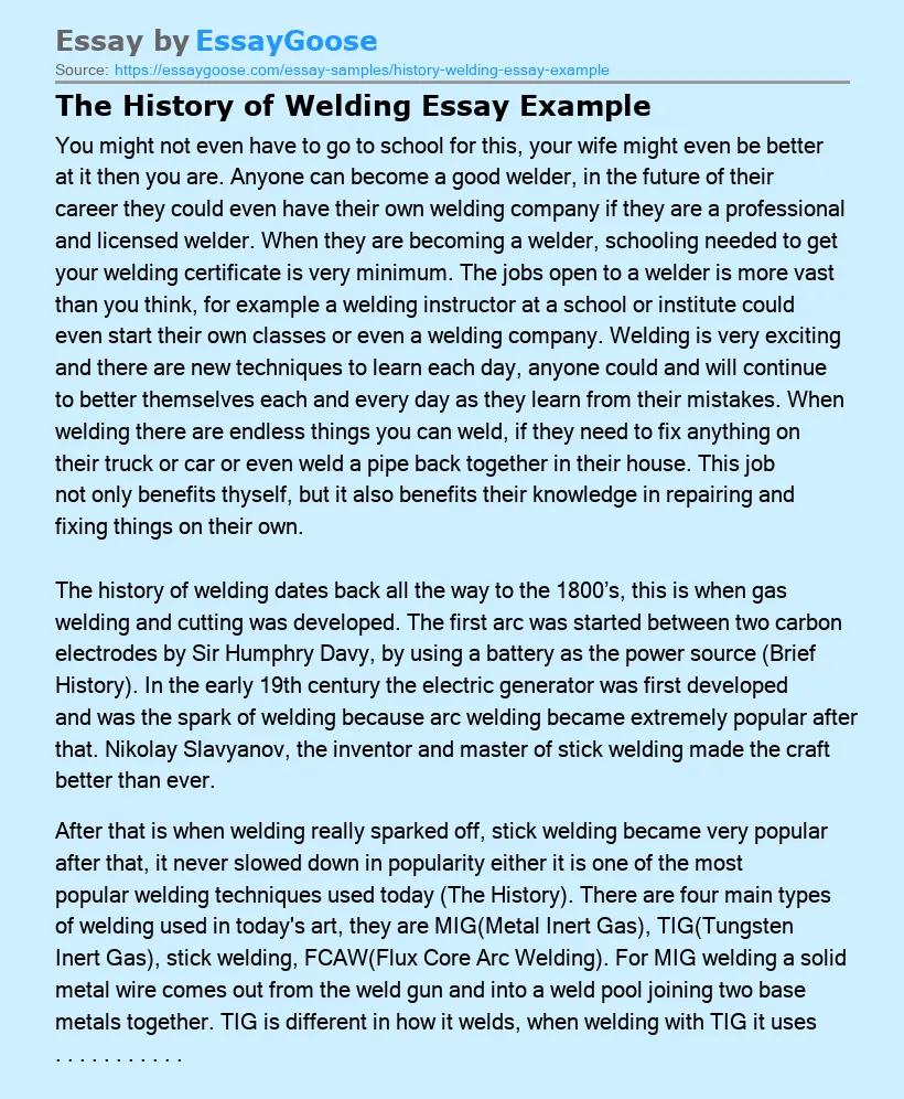 The History of Welding Essay Example