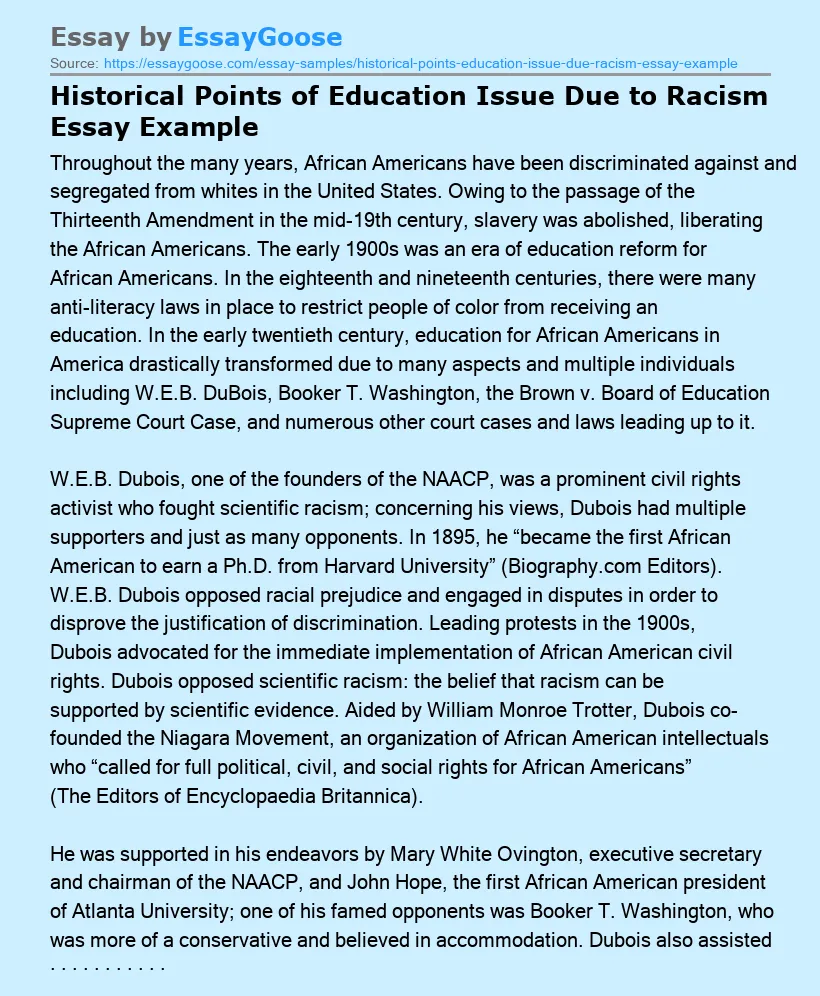 Historical Points of Education Issue Due to Racism Essay Example