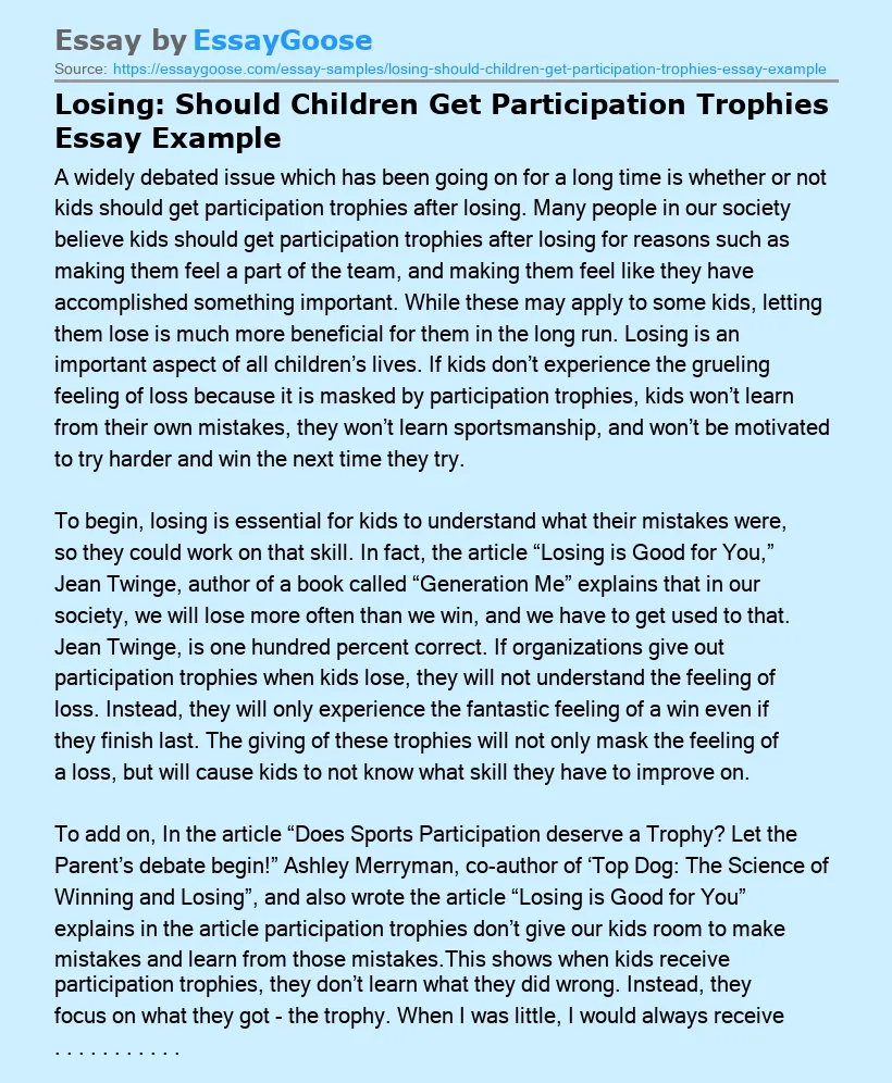 Losing: Should Children Get Participation Trophies Essay Example
