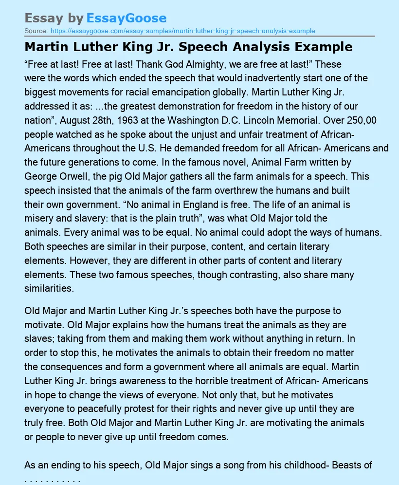 Martin Luther King Jr. Speech Analysis Example