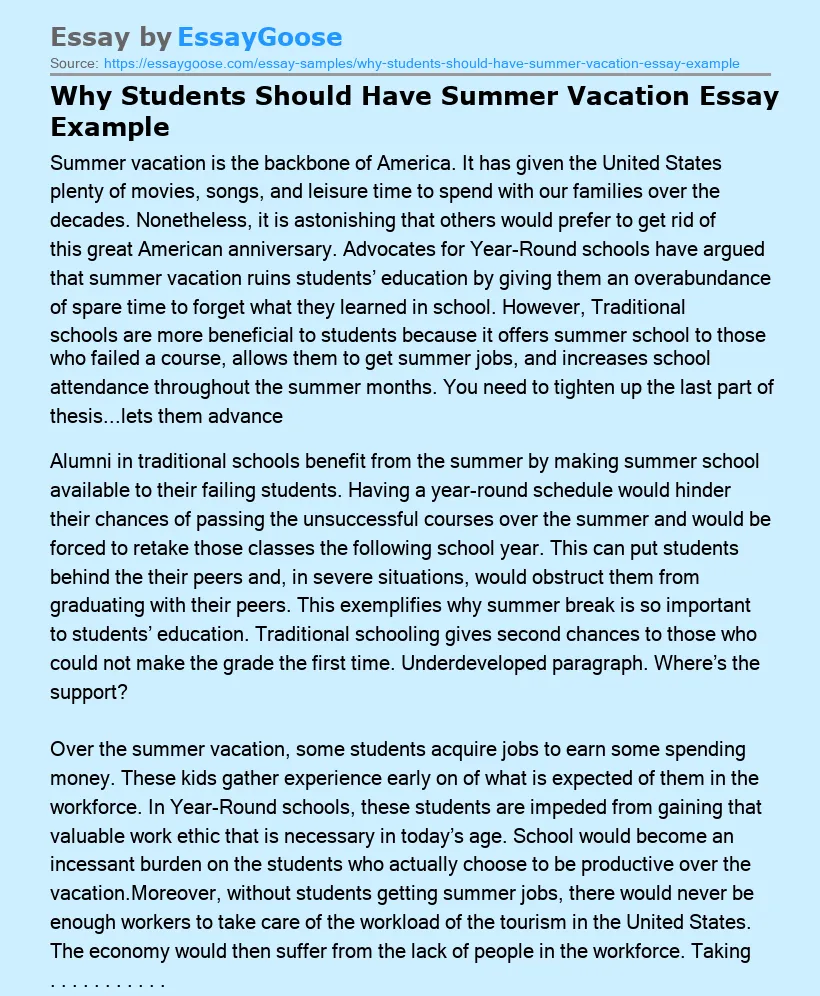 Why Students Should Have Summer Vacation Essay Example