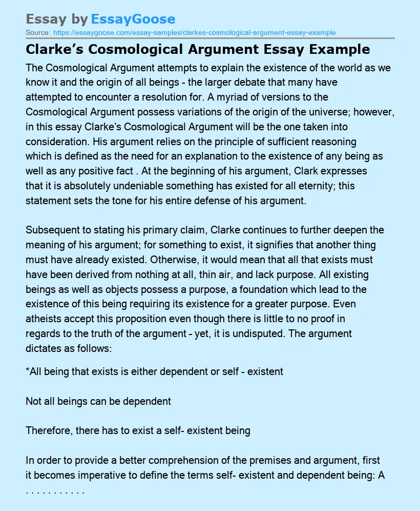 Clarke’s Cosmological Argument Essay Example