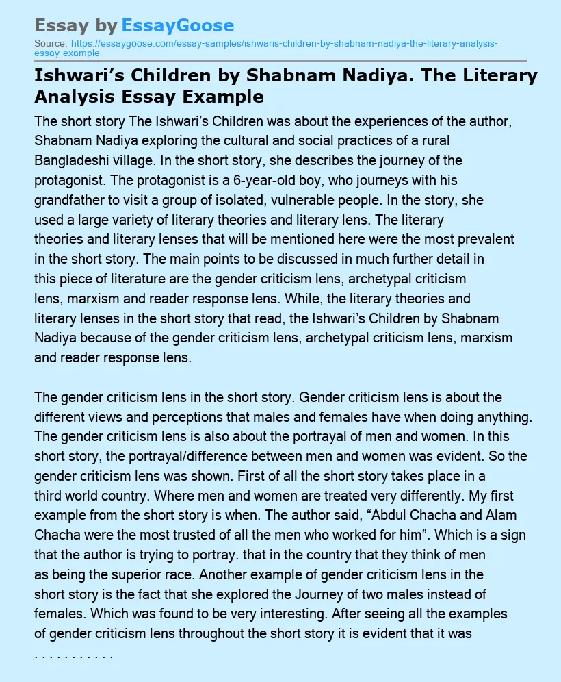 Ishwari’s Children by Shabnam Nadiya. The Literary Analysis Essay Example