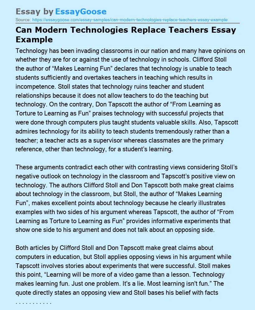Can Modern Technologies Replace Teachers Essay Example