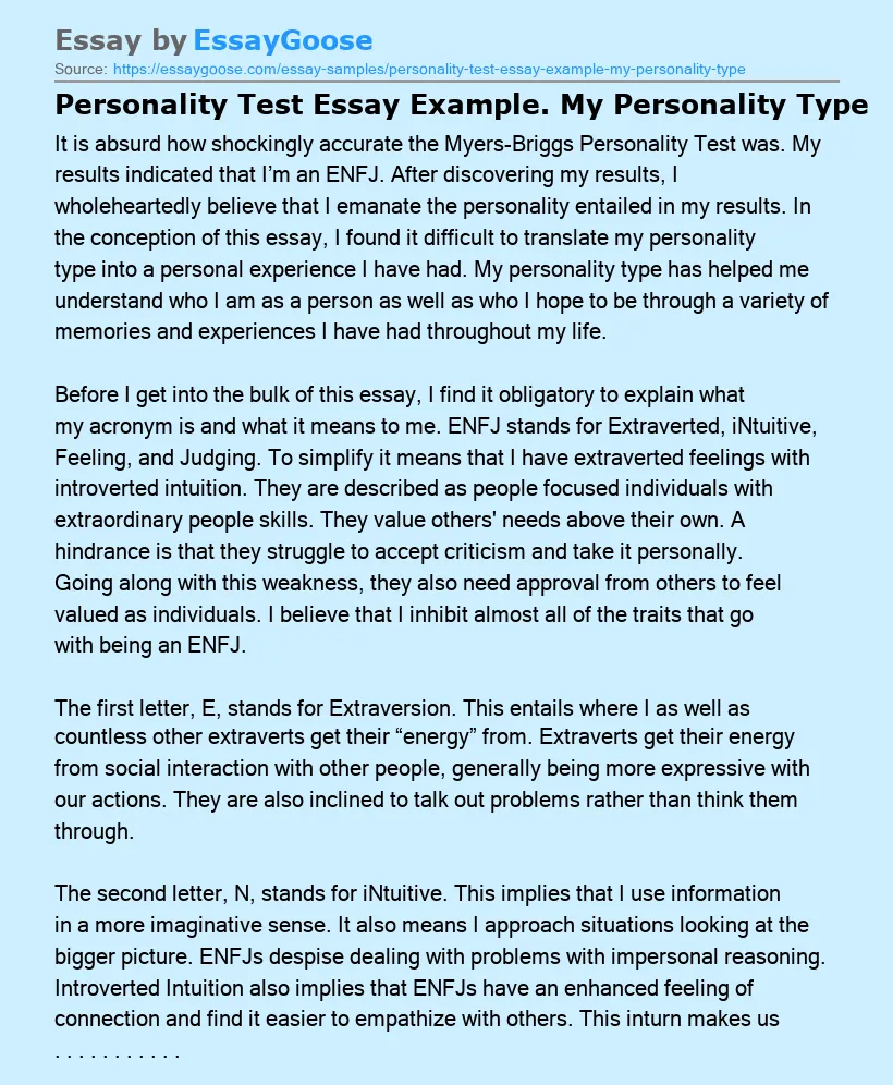 Personality Test Essay Example. My Personality Type