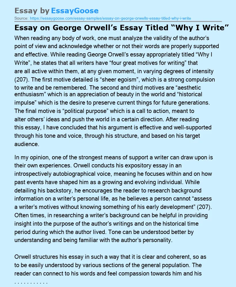 Essay on George Orwell’s Essay Titled “Why I Write”