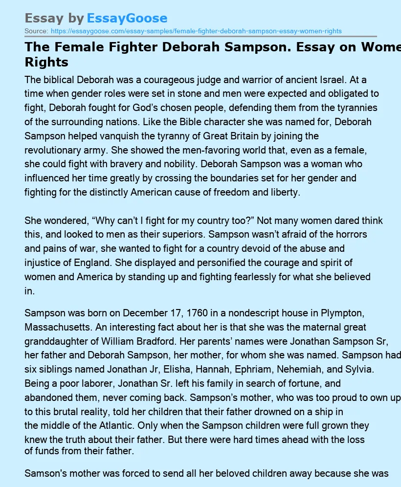 The Female Fighter Deborah Sampson. Essay on Women Rights