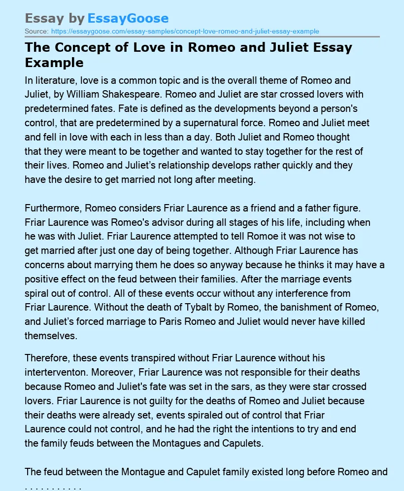 The Concept of Love in Romeo and Juliet Essay Example
