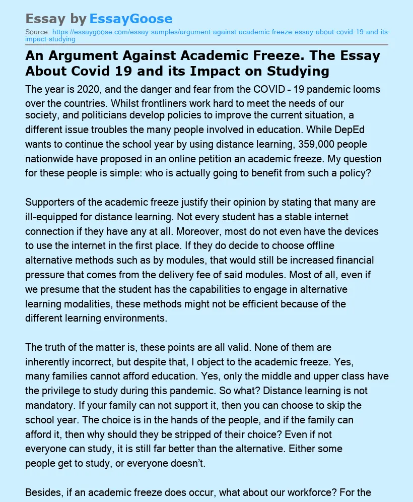 An Argument Against Academic Freeze. The Essay About Covid 19 and its Impact on Studying