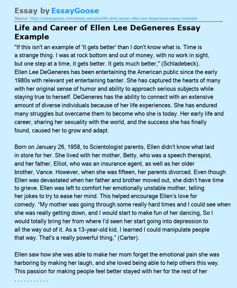 Life and Career of Ellen Lee DeGeneres Essay Example