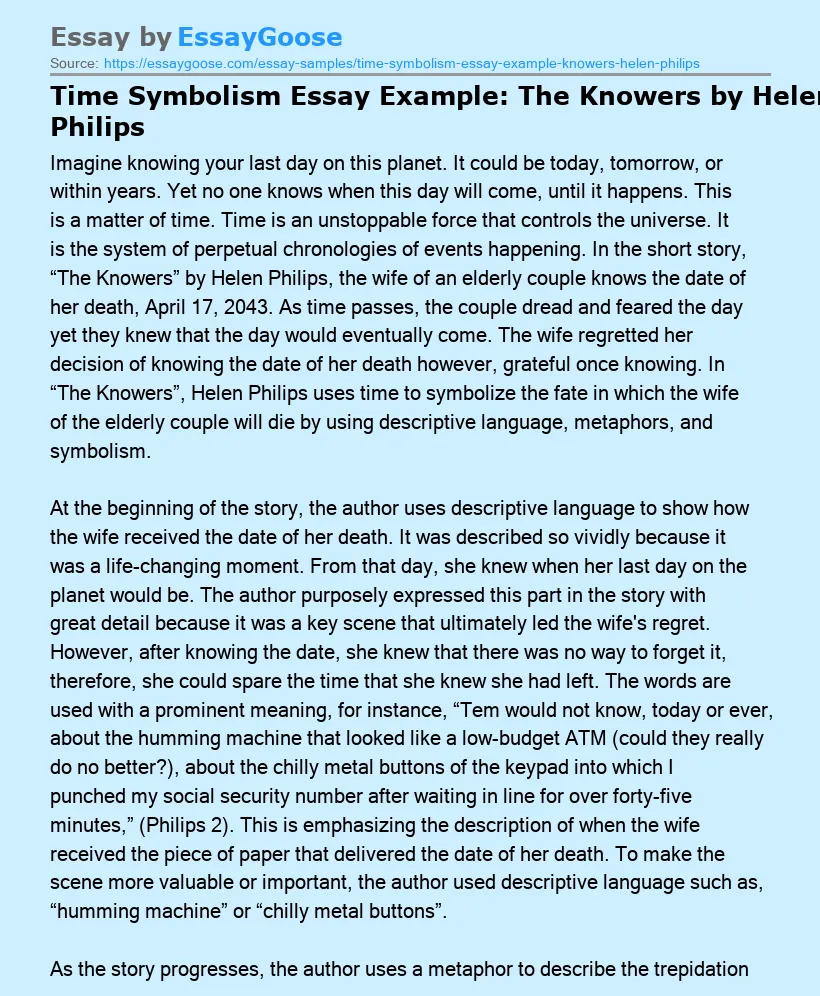 Time Symbolism Essay Example: The Knowers by Helen Philips