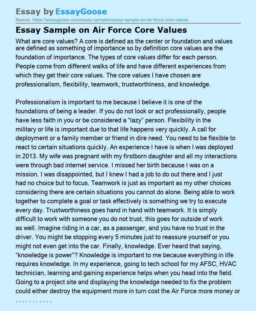 Essay Sample on Air Force Core Values