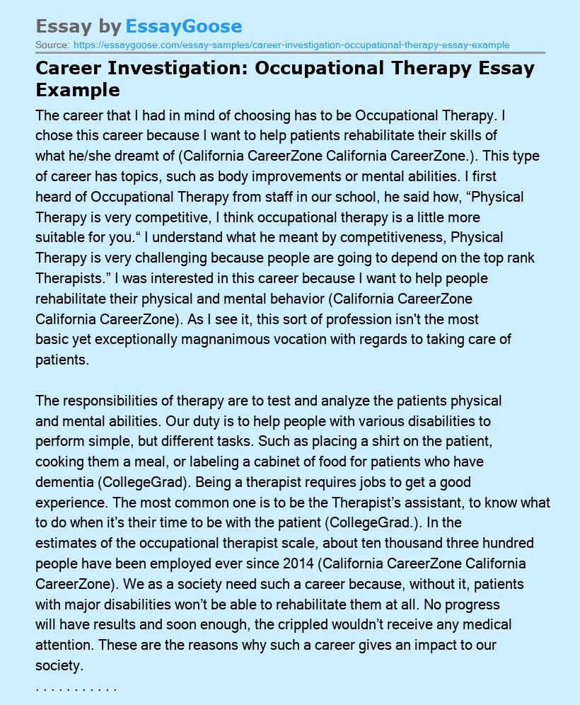 Career Investigation: Occupational Therapy Essay Example