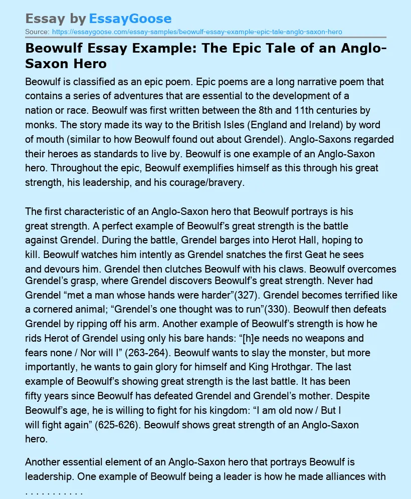Beowulf Essay Example: The Epic Tale of an Anglo-Saxon Hero