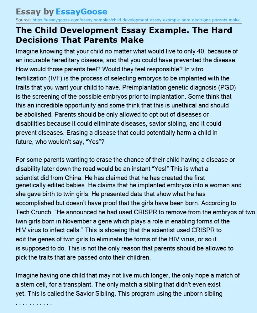 The Child Development Essay Example. The Hard Decisions That Parents Make