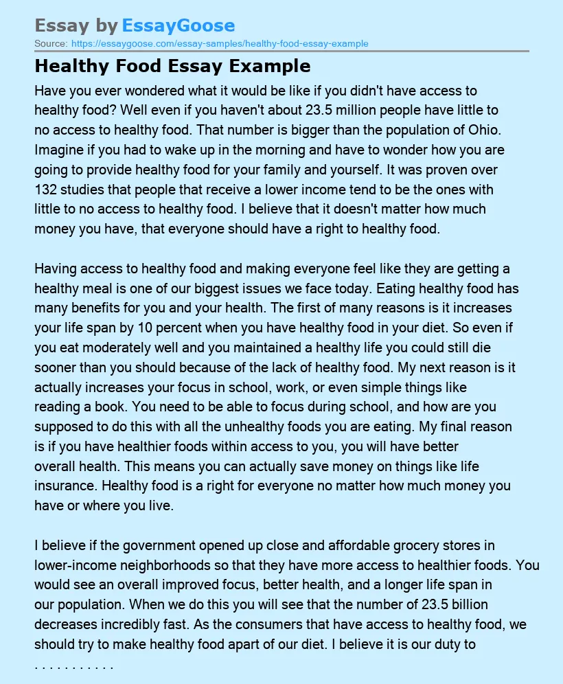 Healthy Food Essay Example