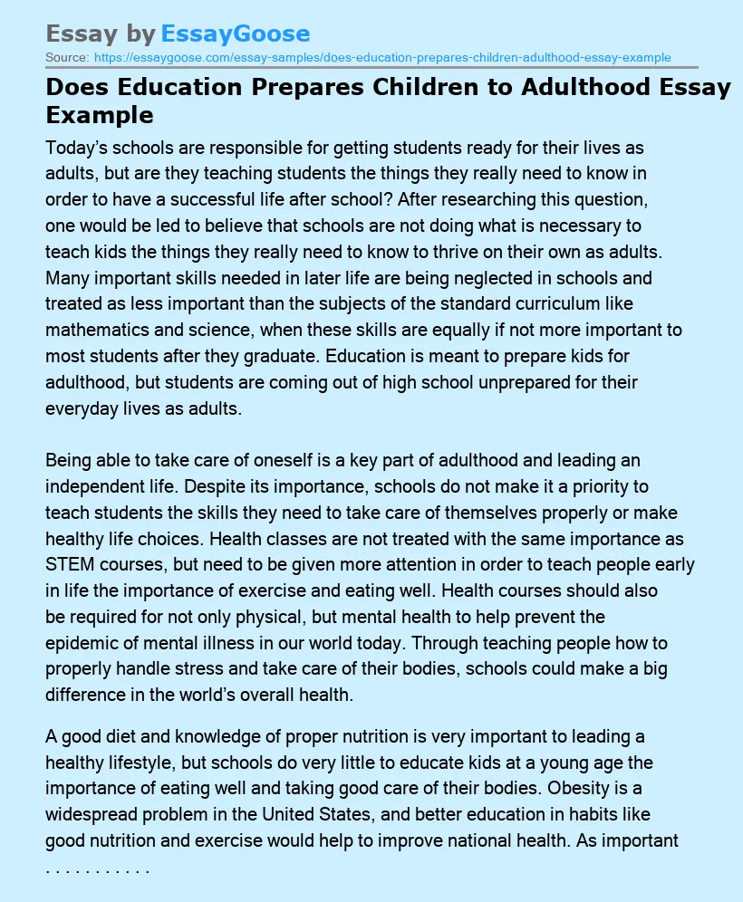 Does Education Prepares Children to Adulthood Essay Example