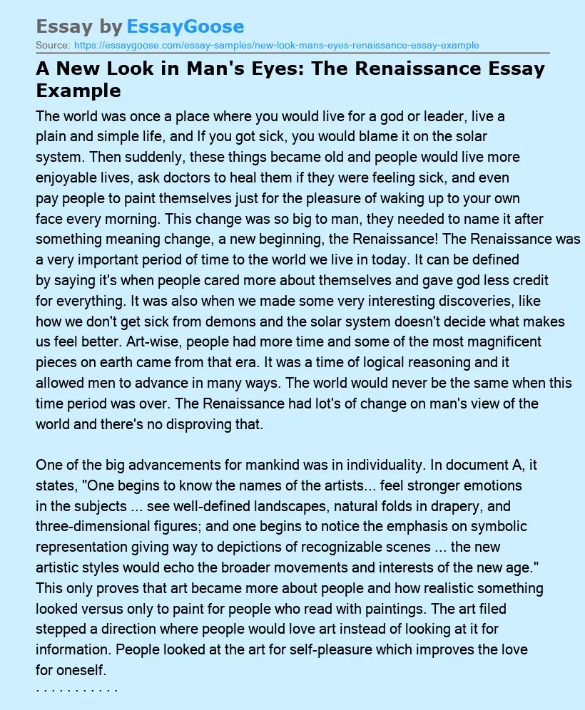 A New Look in Man's Eyes: The Renaissance Essay Example