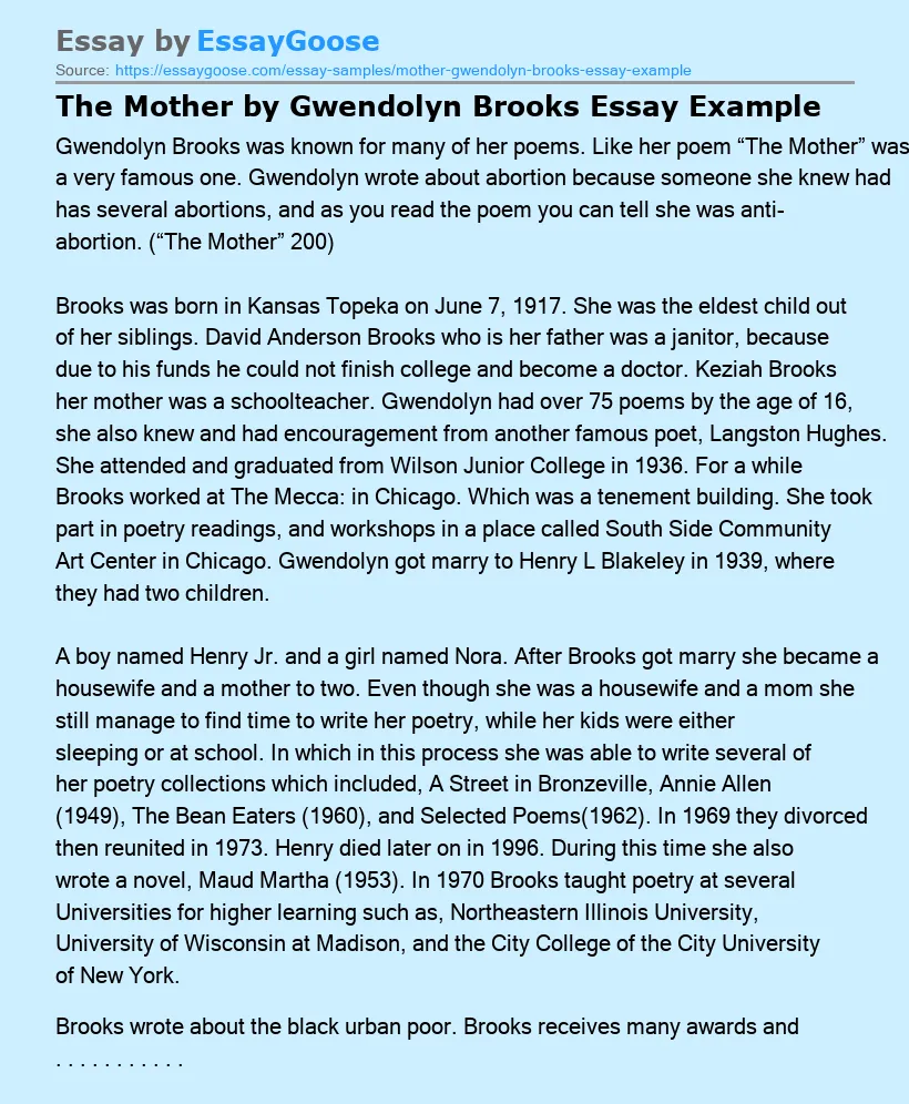 The Mother by Gwendolyn Brooks Essay Example